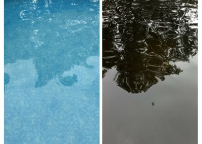 A pool's dirty and clean images side by side showing our team's cleaning results.