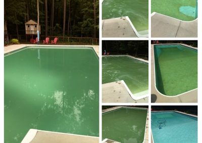 The stages of a pool during our pre-season cleaning process until it is sparkling clean.